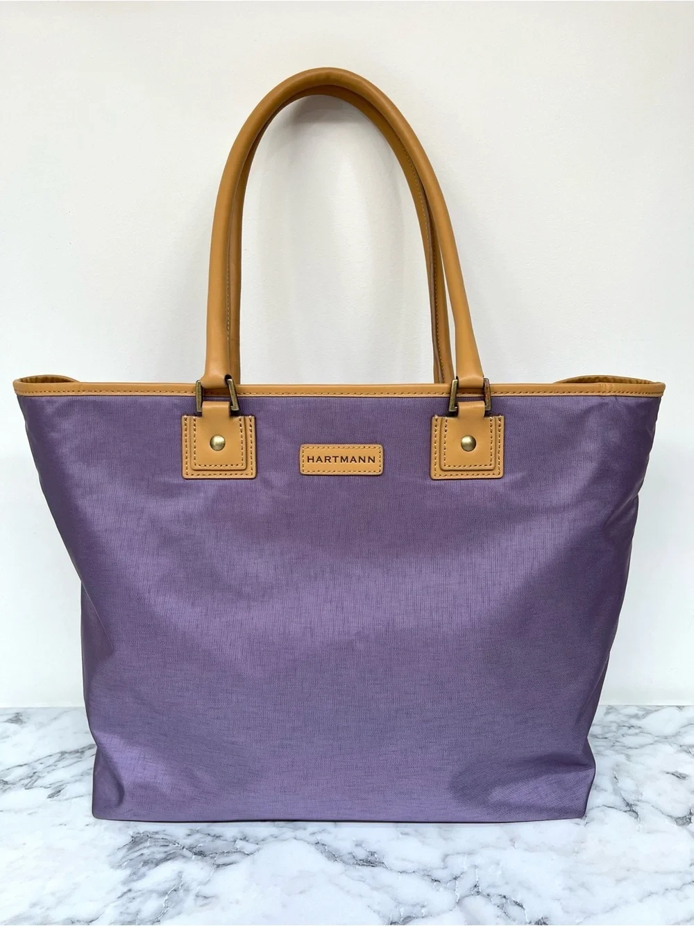Hartmann purple nylon tote bag leather handles trim travel work bag